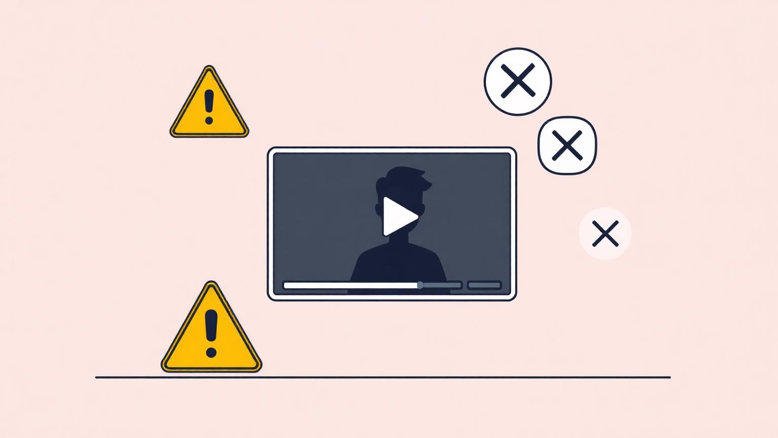 Warning triangles and red X marks around a video player illustrating common YouTube mistakes