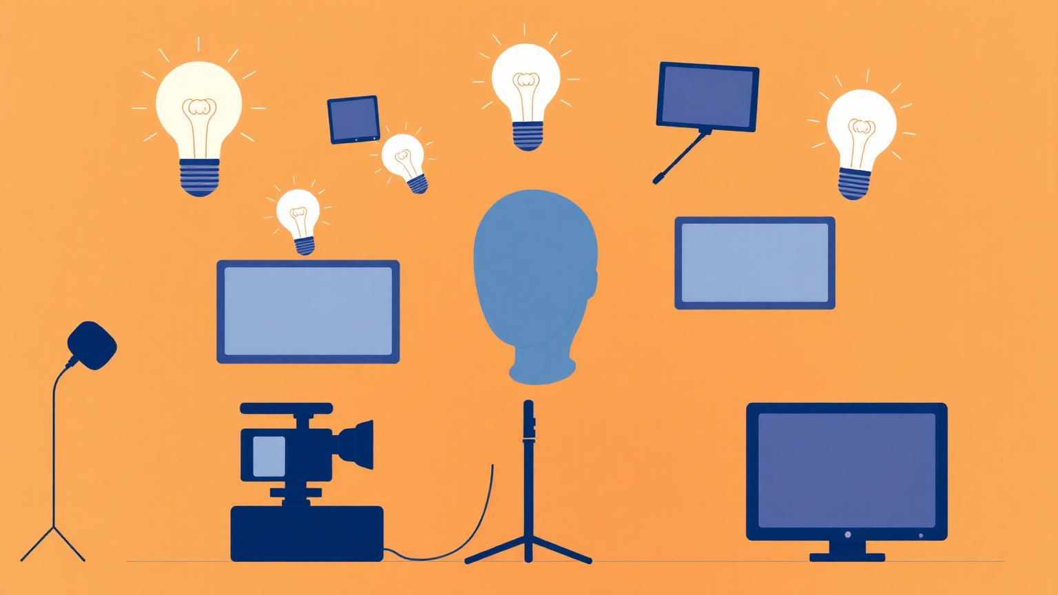 Faceless silhouette with microphone and camera surrounded by floating idea bulbs and screen frames