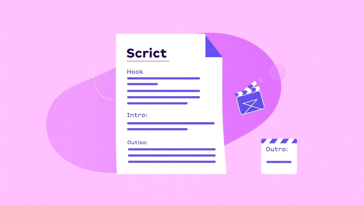 Illustration of a script document with labelled hook, intro, body and outro sections next to a clapperboard