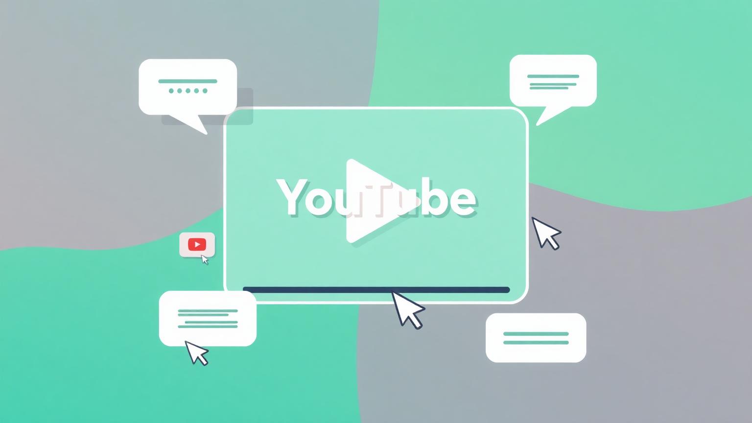 Illustration of a video player with floating speech bubbles and click cursors representing clickable YouTube titles