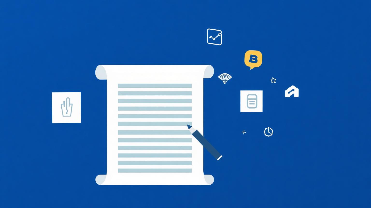 Illustrated document with text lines, a pen, and small SEO icons hovering around it