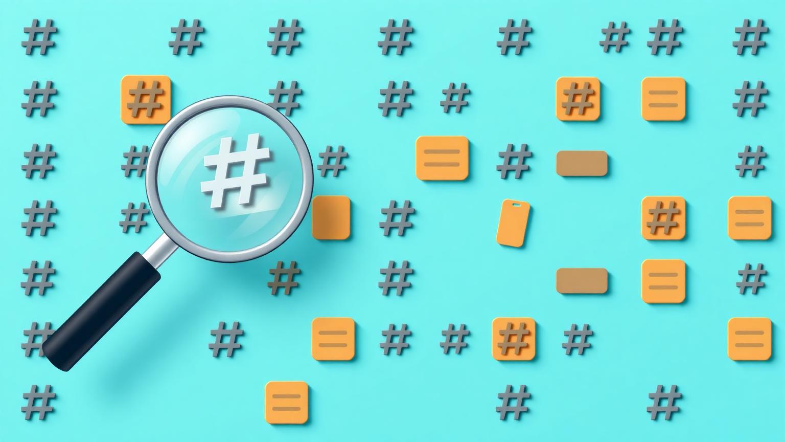 Magnifying glass hovering over hashtag and tag-shaped icons arranged in a clean grid